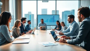 Business professionals collaborating in a modern office, showcasing teamwork and engagement.