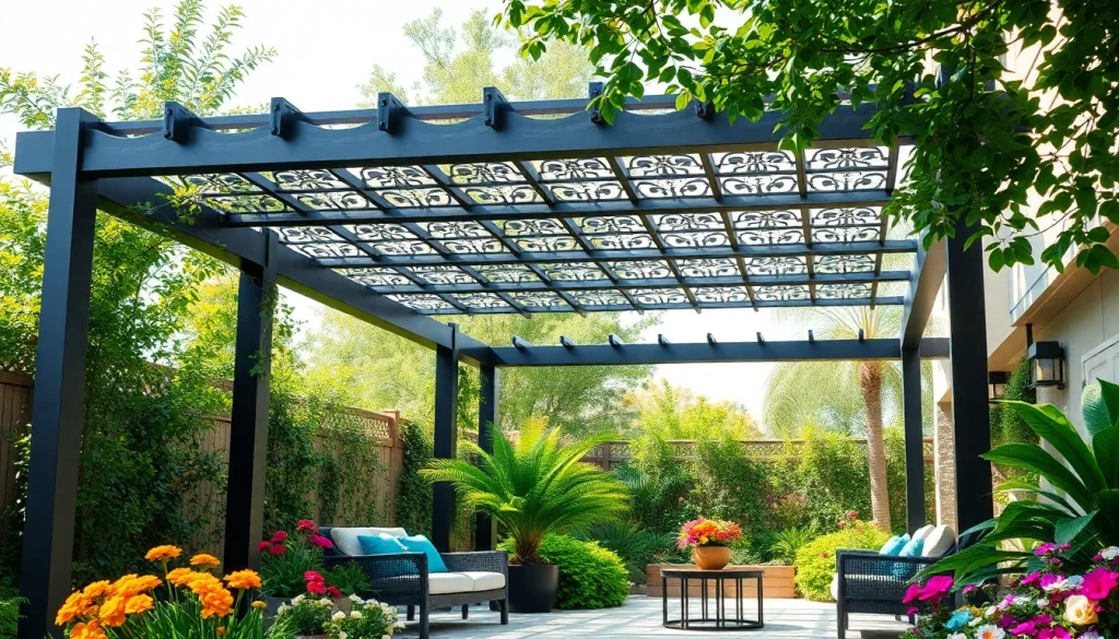 Elegant modern steel pergola showcasing sophisticated design in a lush garden setting.
