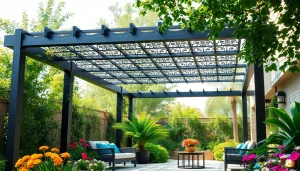 Elegant modern steel pergola showcasing sophisticated design in a lush garden setting.