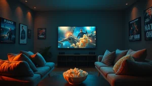 Enjoy films in a cozy home setting with engaging movie visuals, popcorn, and a warm atmosphere.