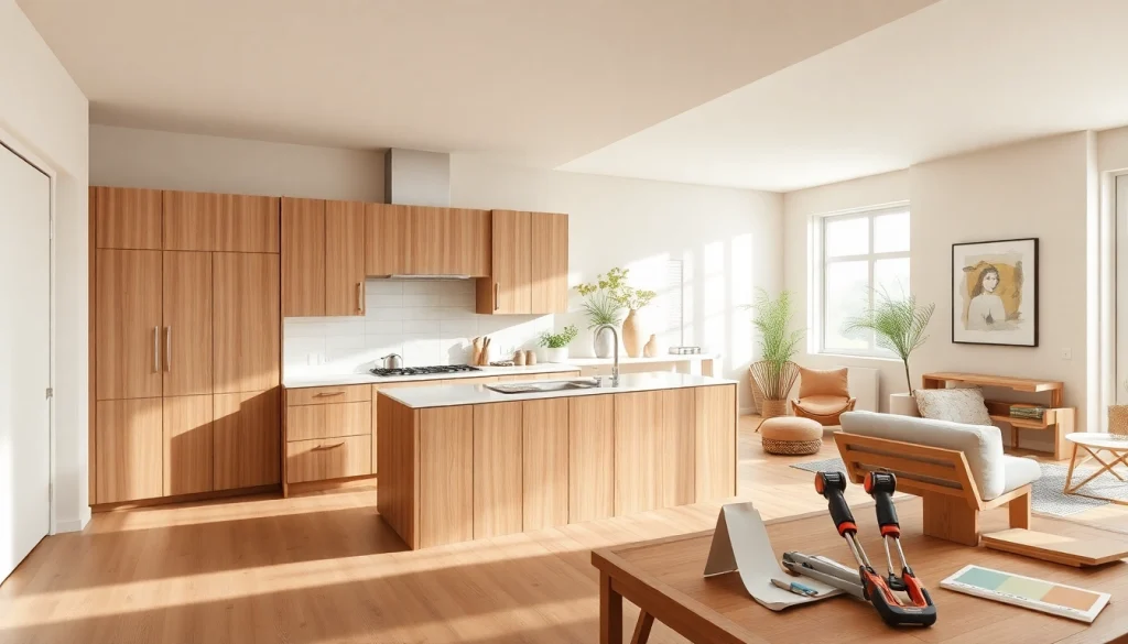 Transforming a home renovation with a modern kitchen and inviting living space.