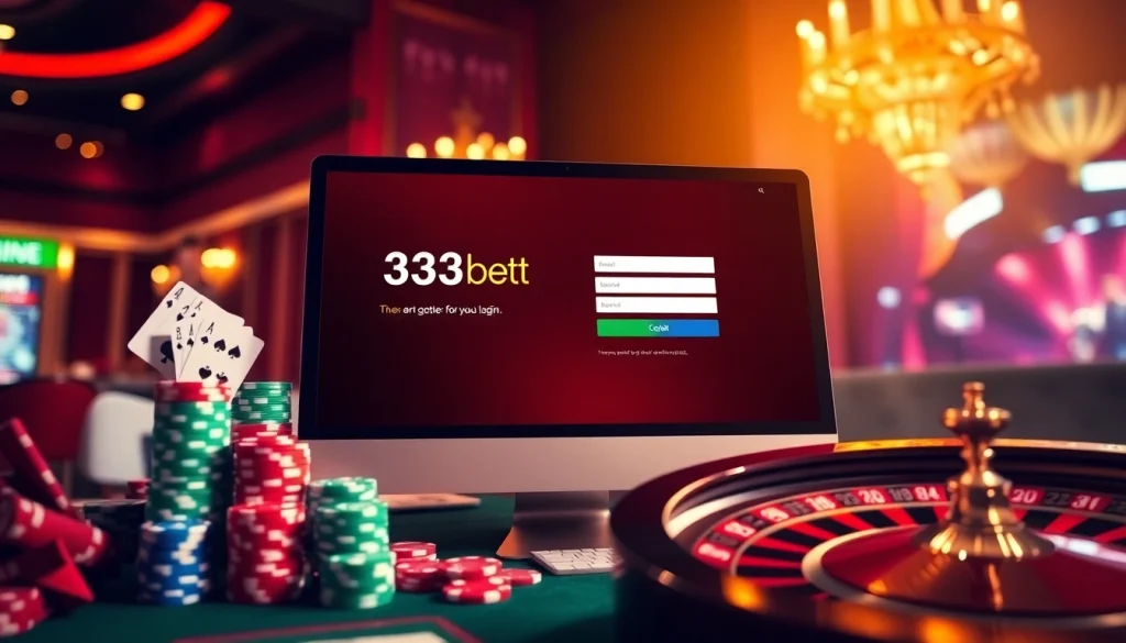 Engage with the 333bet Login screen amidst glamorous casino elements like chips and cards.
