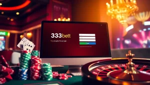 Engage with the 333bet Login screen amidst glamorous casino elements like chips and cards.