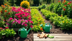 Gardening scene with vibrant vegetables and flowers inviting gardeners to explore.