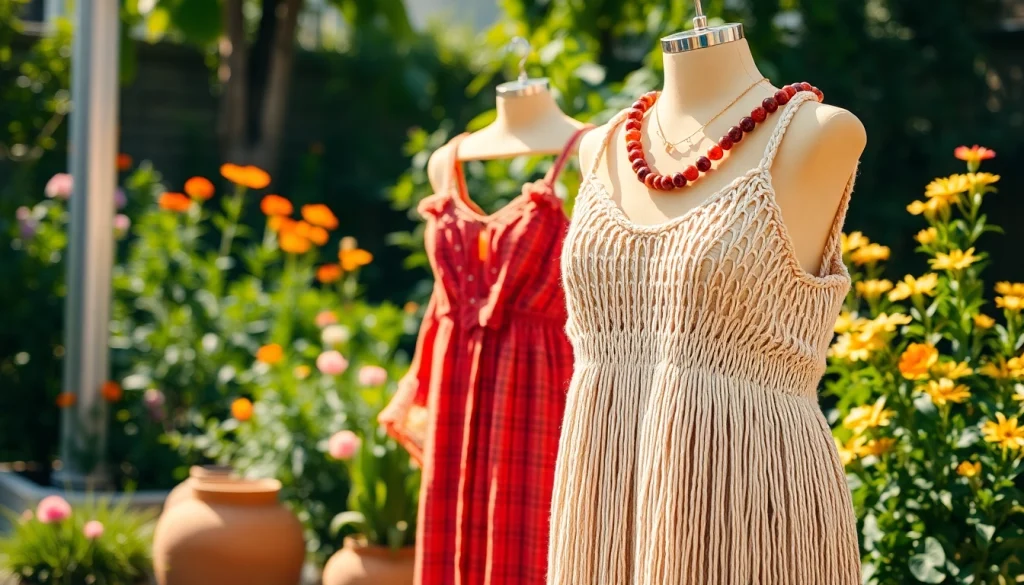 Showcasing eco-friendly fashion at https://www.ound-ound.com with artisanal handcrafted garments in a natural setting.