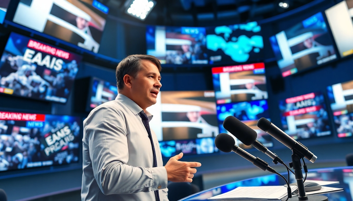 تغطية Emiratenewsday.com لآخر الأخبار في الإمارات مع صحفي مبتسم في استوديو حديث.