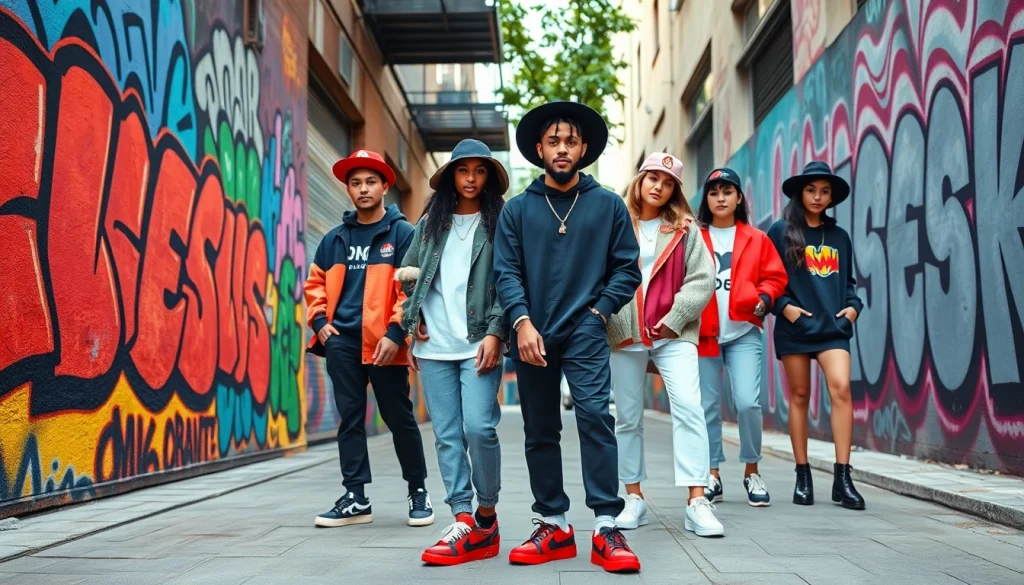 RageOff fashion line showcased in a vibrant street setting with diverse young adults.