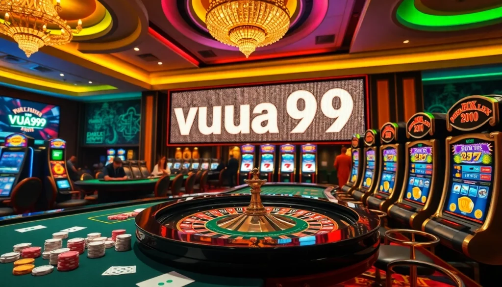Players engaging in exciting games at VUA99's premier casino, showcasing poker chips and roulette.