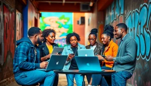 Hip hop PR agency professionals collaborating with artists in a vibrant urban setting.