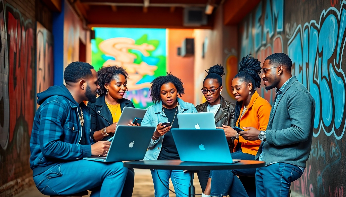 Hip hop PR agency professionals collaborating with artists in a vibrant urban setting.