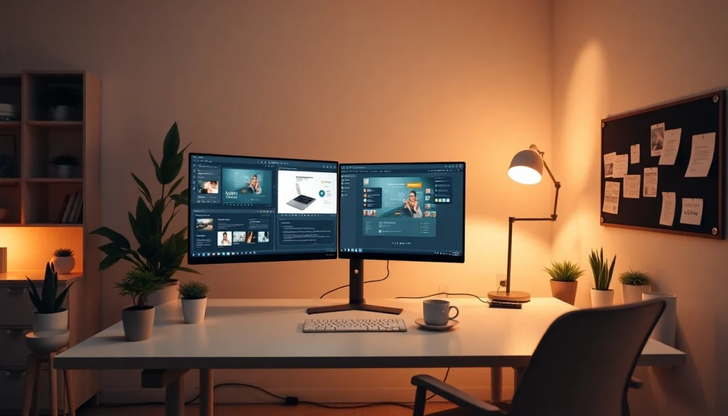 Modern workspace for Thiết kế website, featuring dual monitors and a minimalist design.