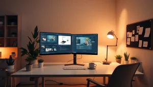 Modern workspace for Thiết kế website, featuring dual monitors and a minimalist design.