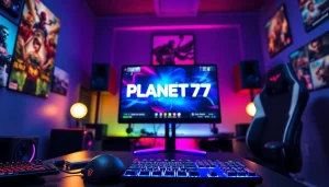 Mulai bermain PLANET77 game dengan setup gaming modern dan atmosfer yang energik.