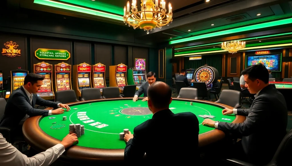 Experience the excitement of gambling with link 88i at a luxurious poker table illuminated by elegant chandeliers.