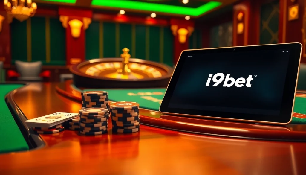 Engaging poker table scene with i9bet .com logo, evoking excitement and luxury in online gambling.