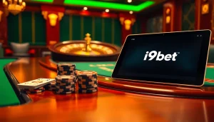 Engaging poker table scene with i9bet .com logo, evoking excitement and luxury in online gambling.