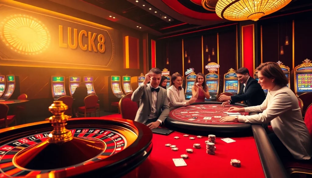 Người chơi đang cảm thấy phấn khích tại casino LUCK8 với các chip poker và lá bài.