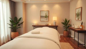 출장마사지용 편안한 마사지 치료실의 부드러운 조명과 차분한 분위기