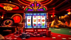 Experience the thrill of kerajaanslot gaming at a vibrant casino featuring slot machines and lively players.
