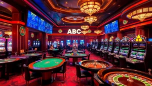 Experience the thrill of ABC8 with players engaged at an elegant casino setting featuring poker and slot machines.