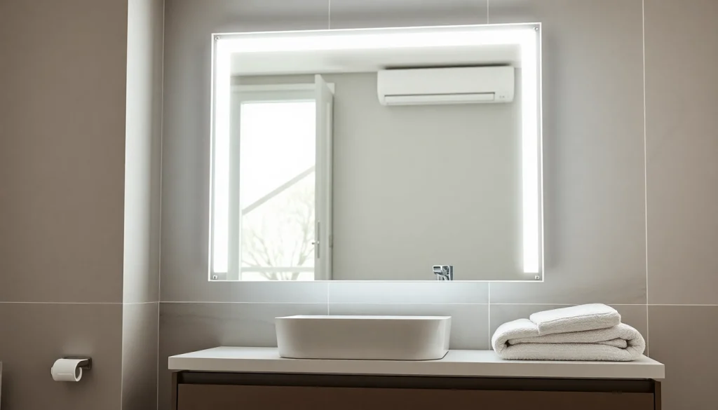 Illuminate your space with a stylish mirror and led lights in a contemporary bathroom setting.
