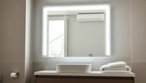 Illuminate your space with a stylish mirror and led lights in a contemporary bathroom setting.