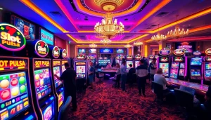 Enjoying a game of slot pulsa in a vibrant casino atmosphere filled with excitement and luxury.