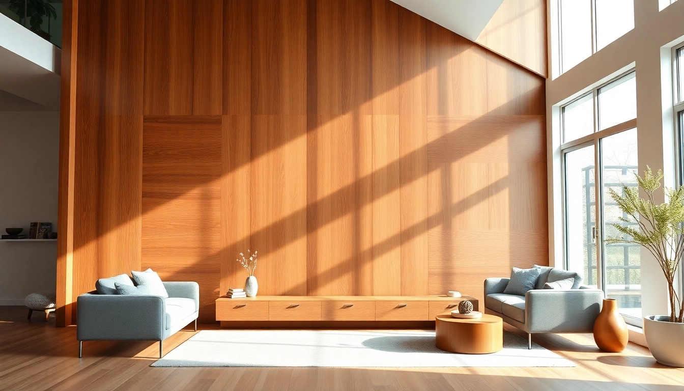 Showcasing a cozy wood wall in a modern living room, enhancing interior elegance.