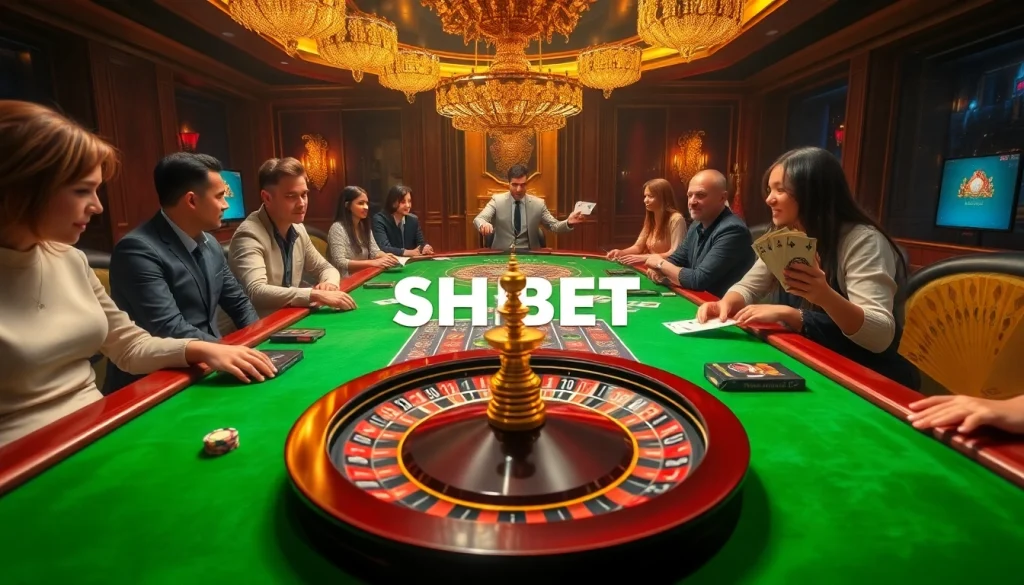 Intense gambling scene at SHBET casino table with vibrant chips and players.