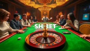 Intense gambling scene at SHBET casino table with vibrant chips and players.