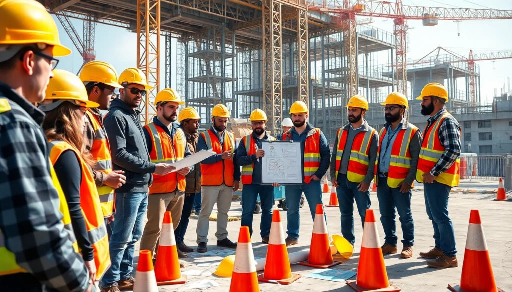 Construction safety training session with diverse participants in protective gear learning from an instructor.