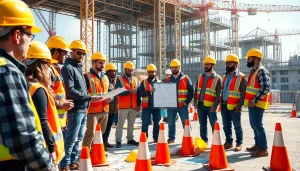 Construction safety training session with diverse participants in protective gear learning from an instructor.