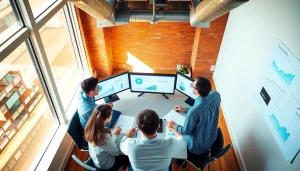 Marketing Consultant strategizing with clients in a vibrant office environment