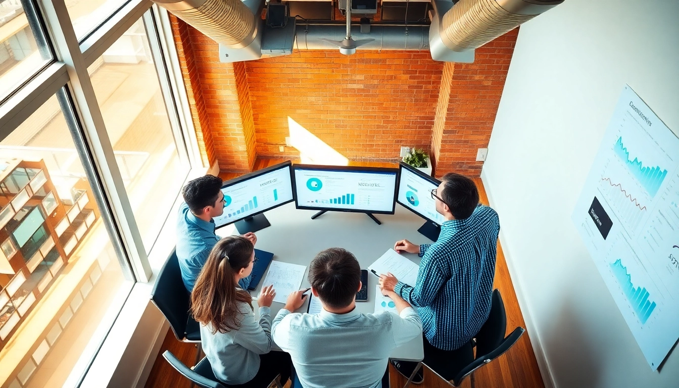 Marketing Consultant strategizing with clients in a vibrant office environment