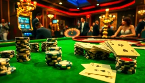 Engaging scene of poker chips and cards portraying hidden wiki dark web gambling excitement.