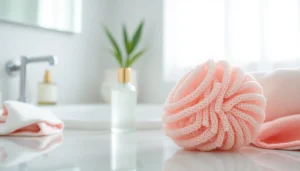 Clean and textured makeup remover loofah alongside a stylish makeup remover bottle.