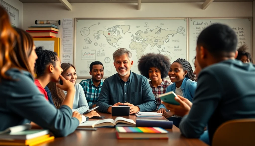 Education-focused classroom with diverse students engaging in learning and innovation.