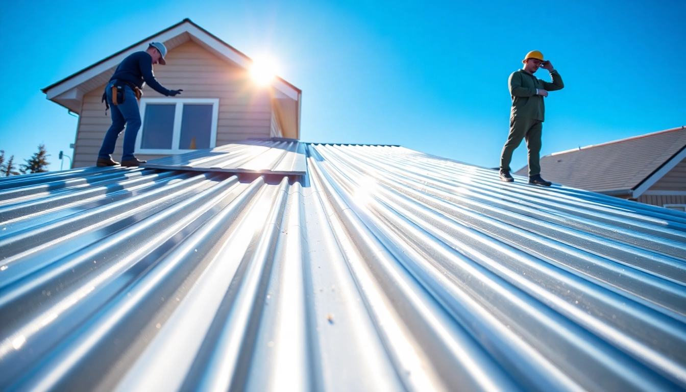 Installers on a residential metal roofing calgary project showcasing sleek design.