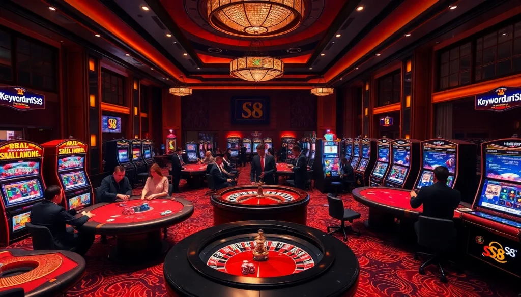 S8 casino players engage at poker tables, showcasing excitement and high stakes in a luxurious setting.