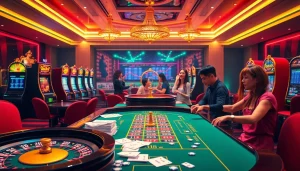 Exciting online gambling scene featuring link alternatif sbobet with vibrant casino elements and players engaged in betting.