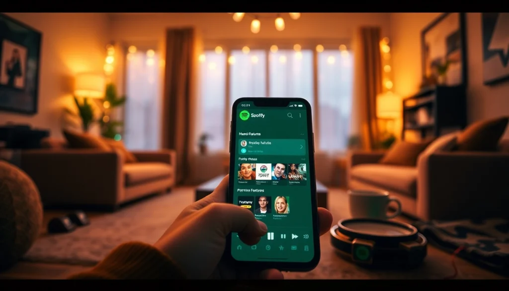 Explore the features of spotify mod on a mobile device in a cozy living room setting.
