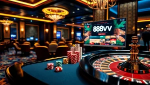 Players enjoying the excitement of casino games at 88vv, showcasing poker chips and a roulette wheel.