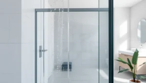 Duschkabine 90x90 in einem modernen Badezimmer mit eleganten Oberflächen und sanftem Licht.