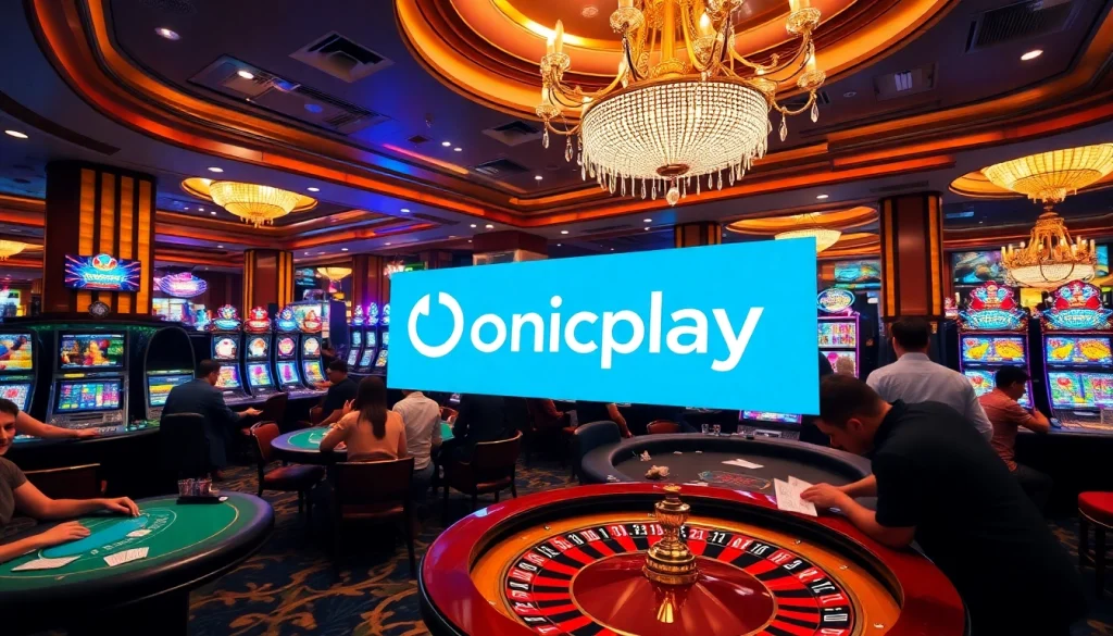 Players engaging with Onicplay at a vibrant casino, featuring tables and slot machines.