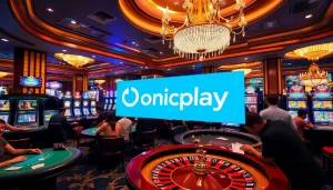Players engaging with Onicplay at a vibrant casino, featuring tables and slot machines.