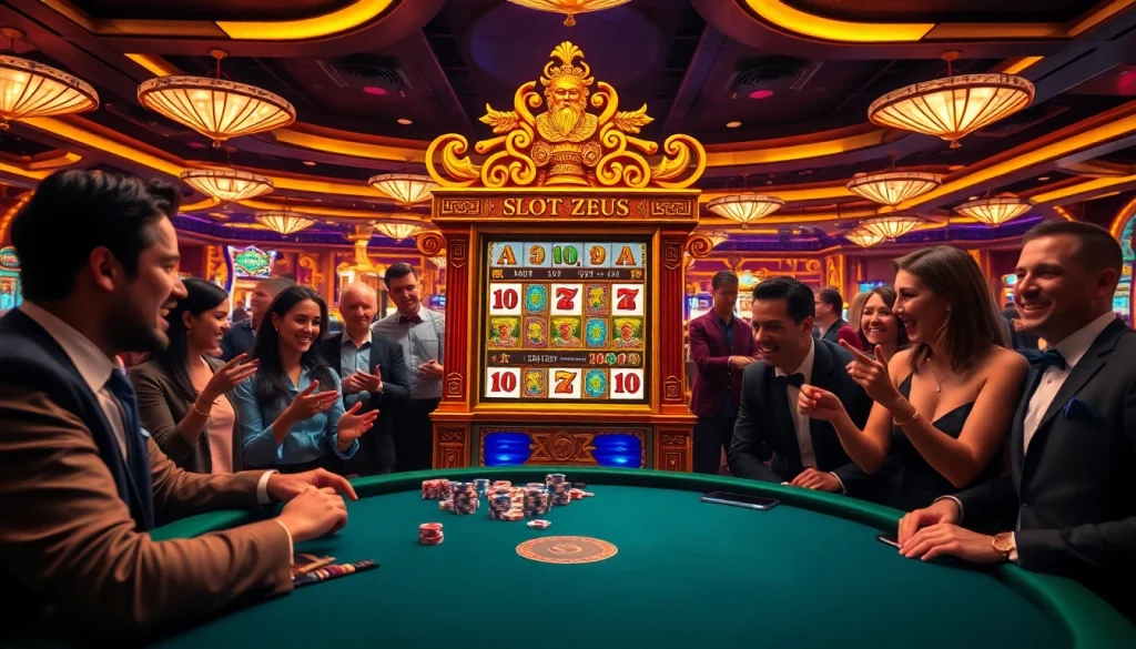 Pemain yang antusias menikmati mesin slot Zeus yang berwarna-warni dalam atmosfer kasino mewah.