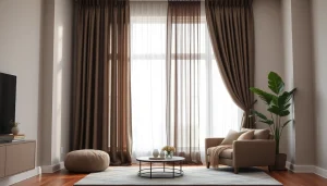 Verduisterende gordijnen in een stijlvolle woonkamer, die zorgen voor een warme sfeer.
