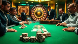 High-stakes poker game at an elegant casino table showcasing the OKWIN brand.