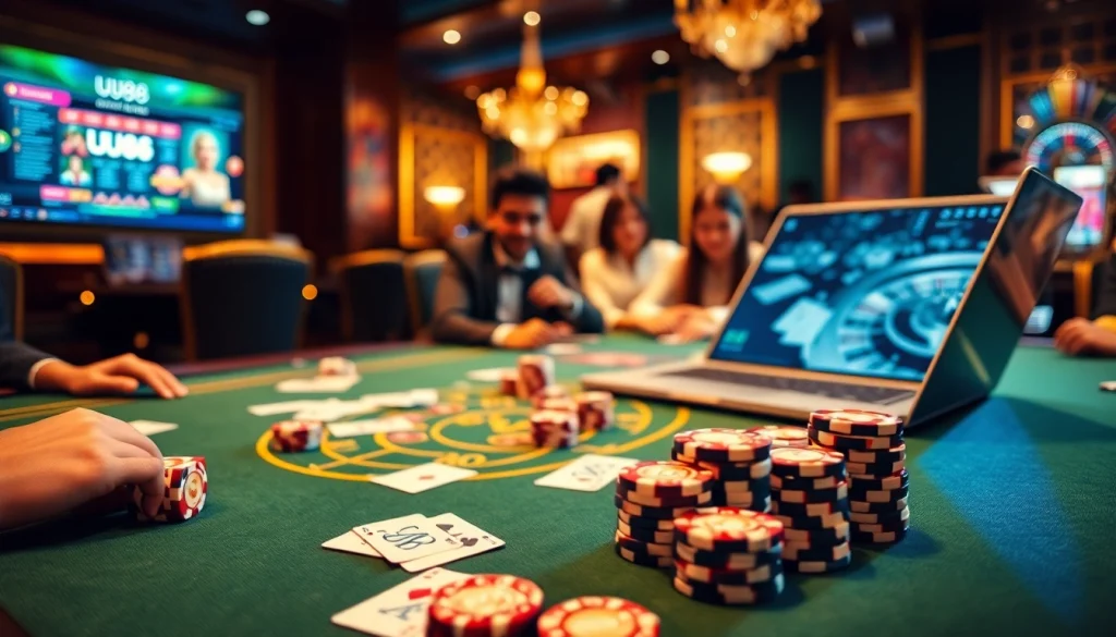 Experience thrilling gameplay at UU88's luxury casino tables with vibrant chips and cards.
