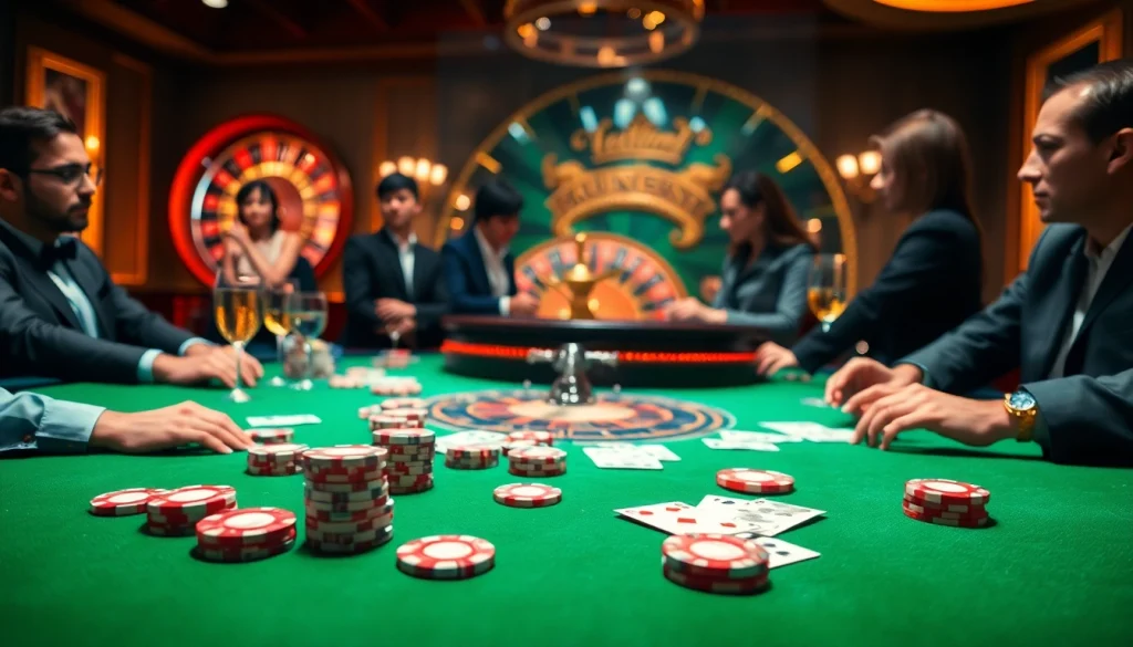 S88vip players strategizing at a luxurious casino table with poker chips and cards.